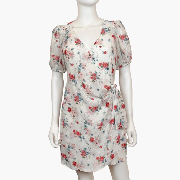 NWT COLLECTIVE CONCEPTS Sheer Floral V-Neck Wrap Mini Dress (White | Size S) - Picture 3 of 14